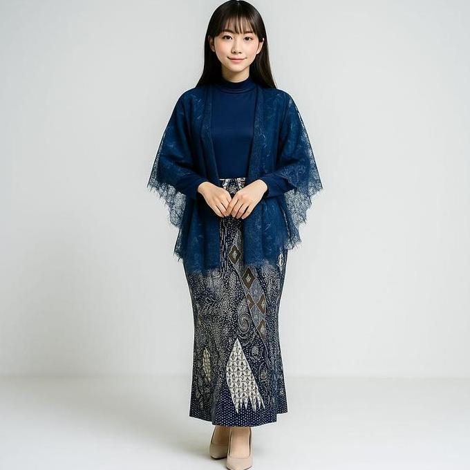 Set Plisket Batik Modern Wanita | Outer Renda Elegan + Manset Polos | Baju Kondangan Kekinian Allsho