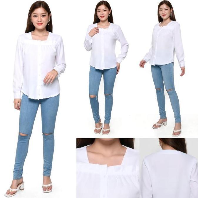 Ready Kemeja Kerja Wanita Kantor Polos Blus Putih Hitam Lengan Panjang