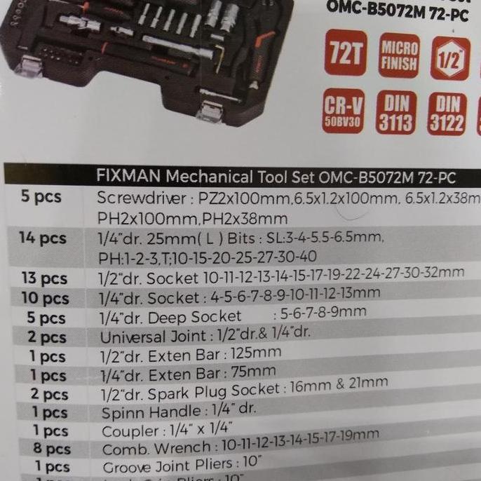 Fixman Mechanical Tools Set Tools Box OMC B5072M -72 Pc