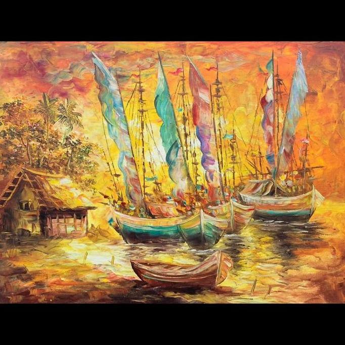 Lukisan Nelayan Senja Laut Abstrak Timbul Kanvas