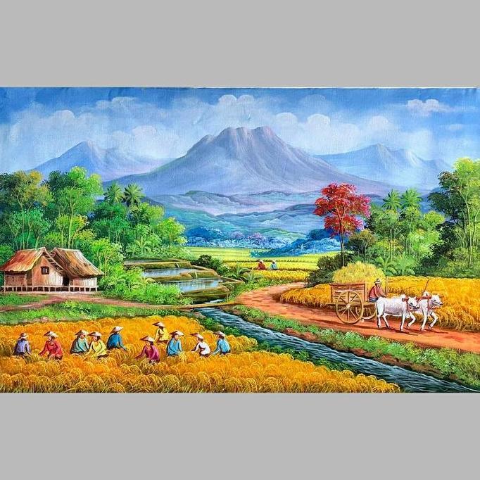 Lukisan panen padi pemandangan desa