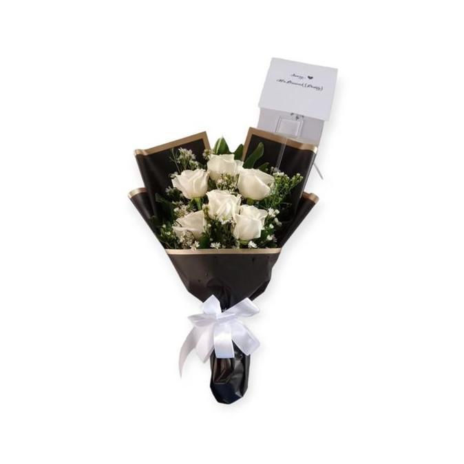 Lansungkirim- BuketBunga Mawar Putih Asli Dan Fresh KertasHitam Hadiah Wisuda