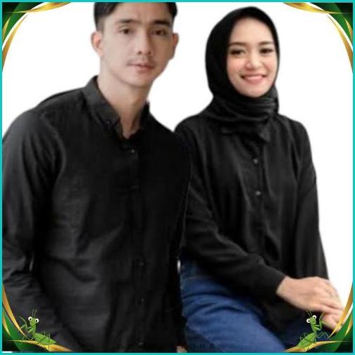 Kemeja Couple Polos Baju Pasangan Wanita Pria Lengan Panjang hitam Diskon Imlek