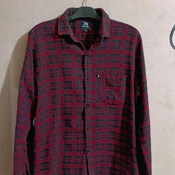 Termurah / Hot Sale Hurley Kemeja Flanel Plaid Merah Hitam Lengan Panjang Untuk Pria Gaya Kasual Mas