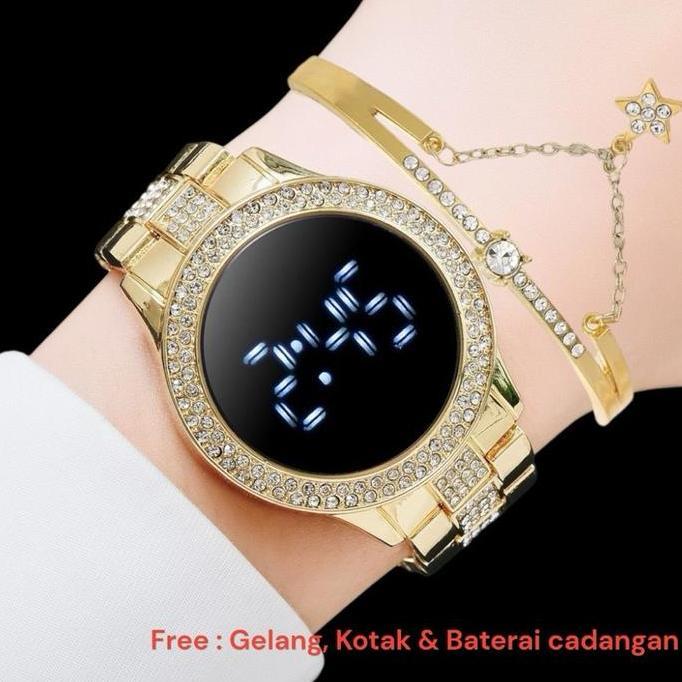 MD49 - JAM FASHION LED PETAK BONUS KOTAK , GELANG DAN ( DSJ - 014 )Kemewahan Bercahaya Analog Watche