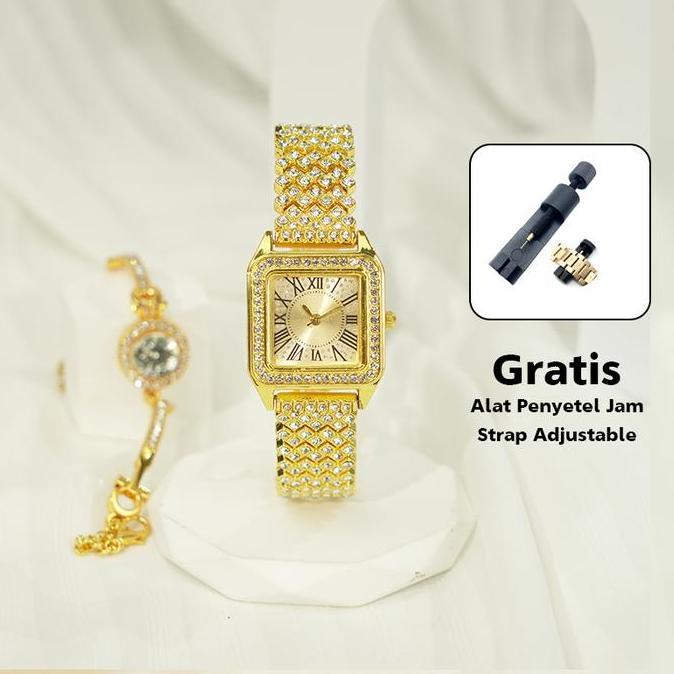 AI40 - LuxeGlow Beli jam tangan dapat gelang. Tidak luntur. Jam tangan persegi warna emas berkilau. 