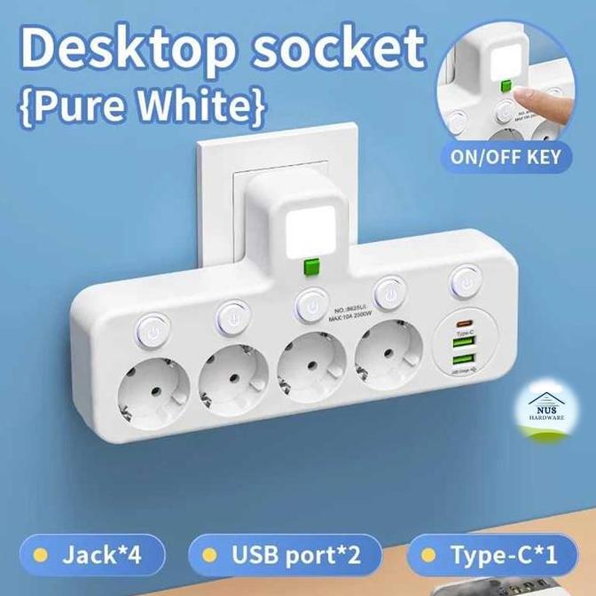 CIZARY PLUGO Stop Kontak 4 Lubang Soket AC USB Type C EU Plug 10A 110-250V 2500W EU-8625UL Putih Mur