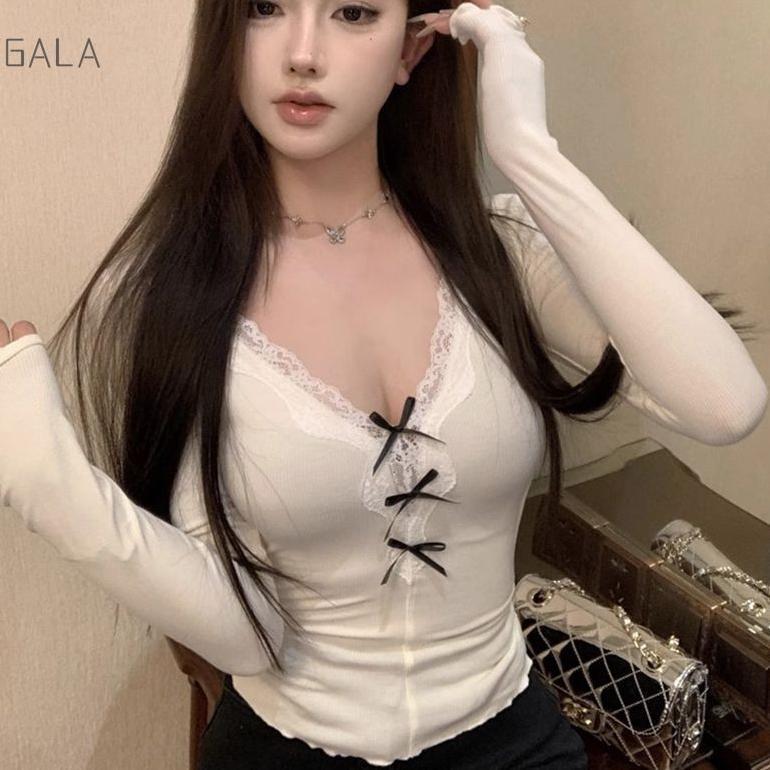Saless Sexy Lace Crop Top Baju Wanita Korea V-Neck Crop Top Lengan Panjang Ga