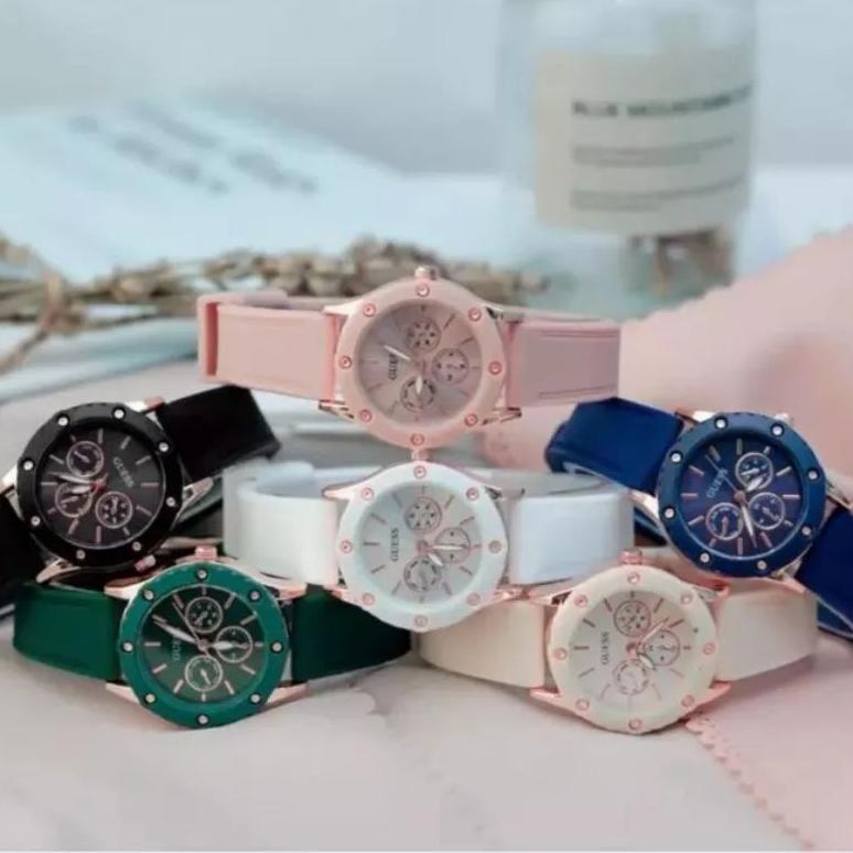 (Grosir Cod)Jam Tangan wanita Fashion Gues Crono3 Varisi Strap Rubber/Karet(Dikirim Jakarta)