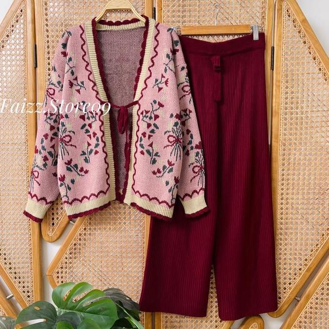 DS62 - Oneset Eelweis Cardigan Rajut Motif Tali Pita Bunga Setelan Celana Kulot Premium Wanita Lenga