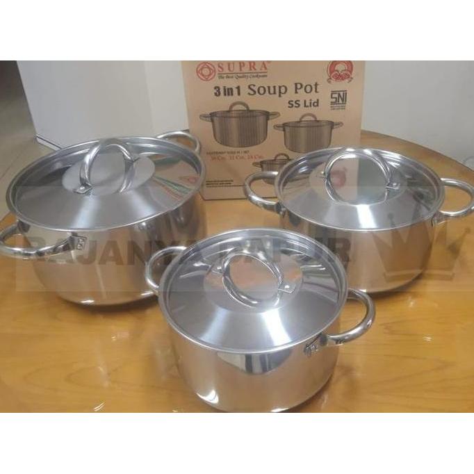 Panci Supra Soup Pot 3 In 1 Stainless Steel - Panci Set Induksi Stainless Steel Supra - Panci Induks