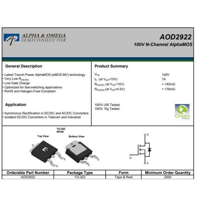 ORIGINAL AOD2922 D2922 100V 7A N-Channel AlphaMOS DPAK TO-252 - AO