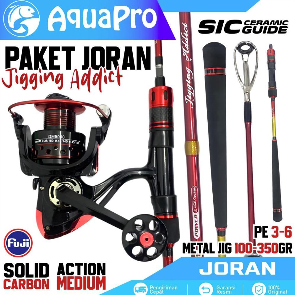 AquaPro Paket Set Joran Jigging Addict 2 Section Carbon Solid Medium Ring Fuji dengan Reel Pancing