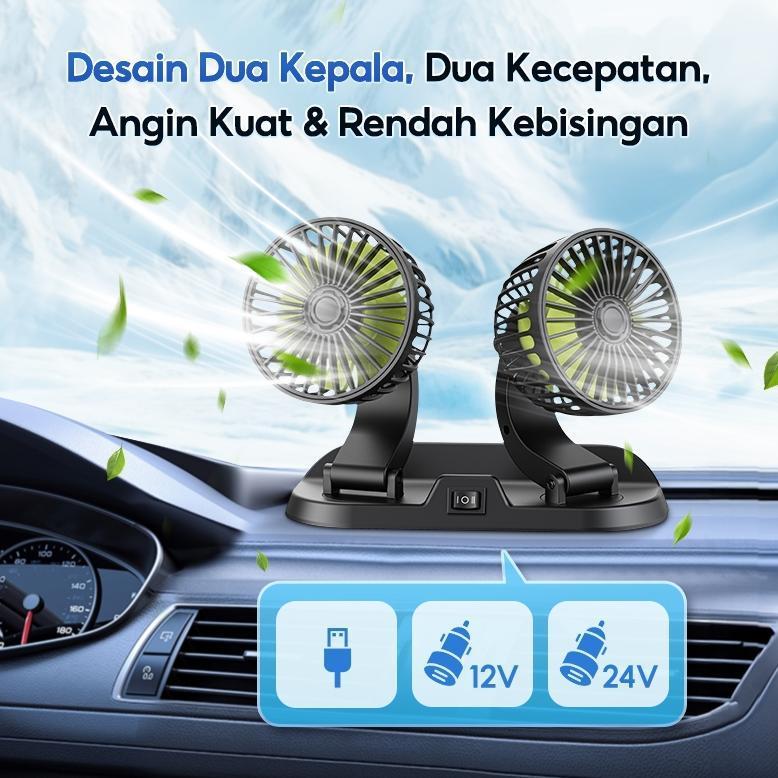 BIG PROMO SOARFLY Kipas Angin Mobil 3 Kepala 12/24V Kipas Pendingin Truck USB Dashboard Rotasi 360 F