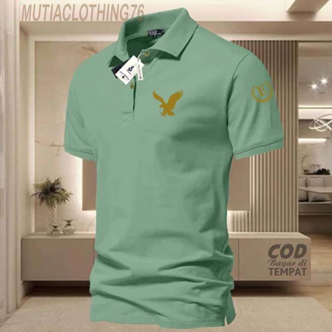 Termurah / Hot Sale Cod T-Shirt Polo Kerah Lengan Pendek Elang E Bahu Text Gold Kaos Kerah Dewasa Sh