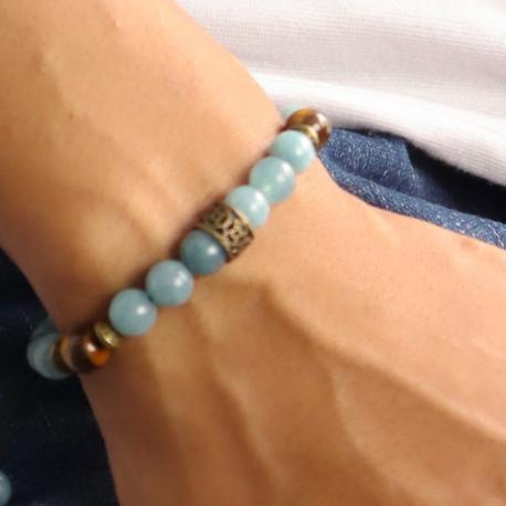 Gelang  Aesthetic Pria Wanita Keren Terbaru Tali Serut Batu Kristal Alam Akik Biru Aquamarine Tiger 