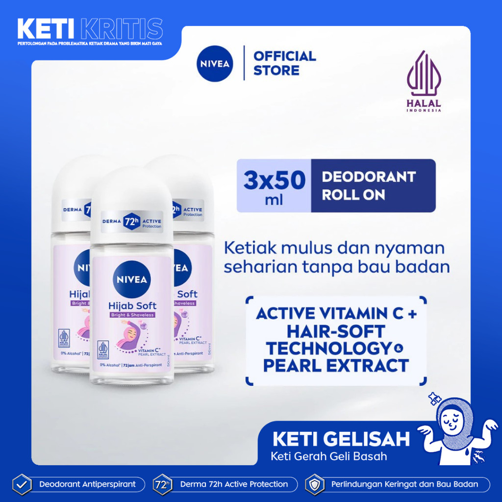 (PAKET HEMAT ISI 3) NIVEA Deodorant Roll On Brightening Hijab Soft 50ml - Deodoran wanita hijab hala