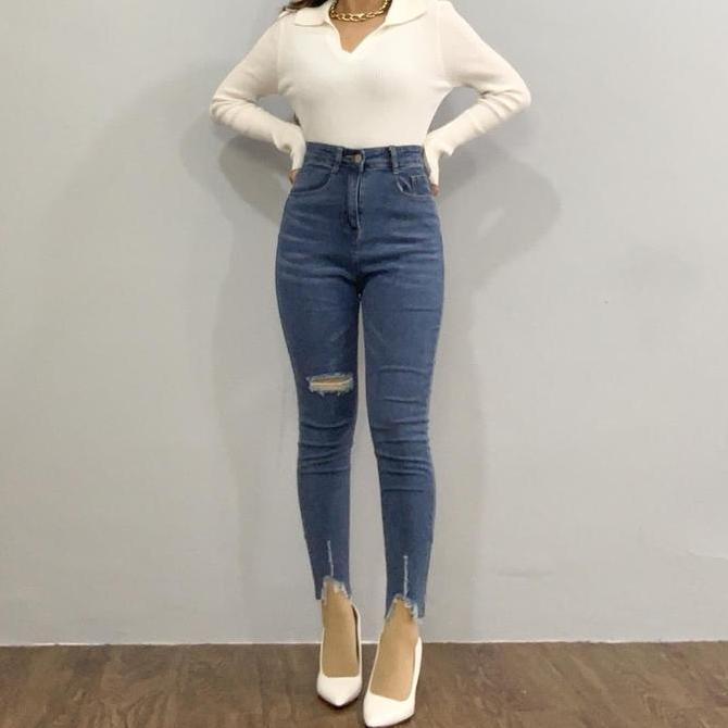 AV14 }} E17 Jeans | Celana panjang Highwaist wanita Jeans wanita polos ripped jeans High waist jeans
