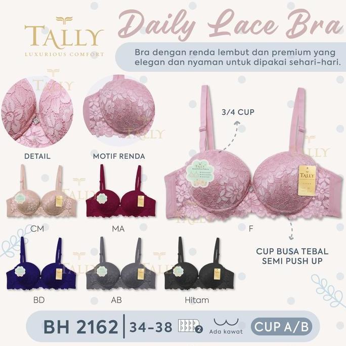 Tally Bra Wanita Daily Lace Bra Ada Kawat Busa Tebal Renda Semi Push Up Cup A/B Kait 2 Bh 2162