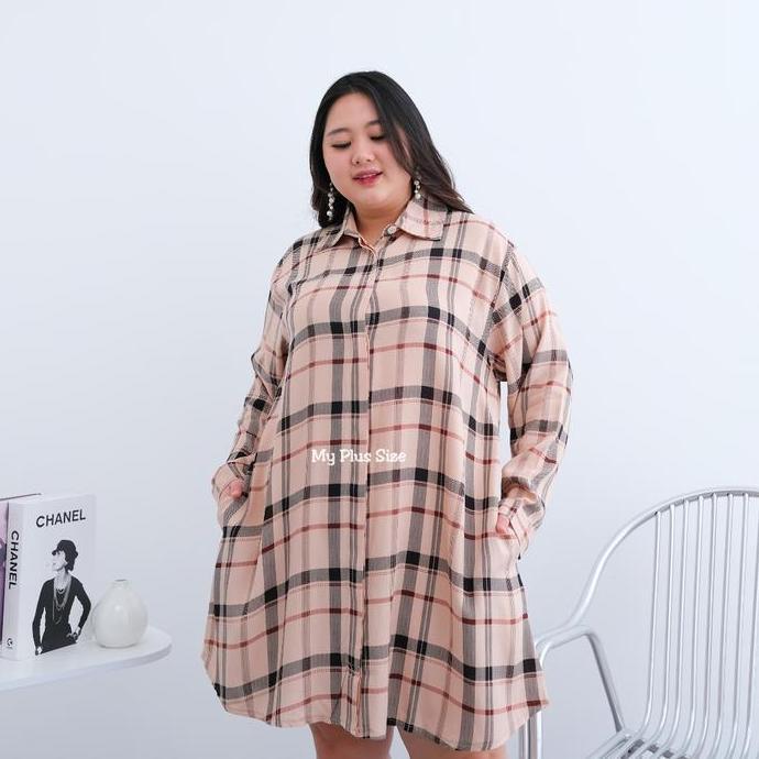 Promo Tunik Kemeja Kotak Wanita Jumbo 3810, Ld 125, 135 & 145 Cm Cod
