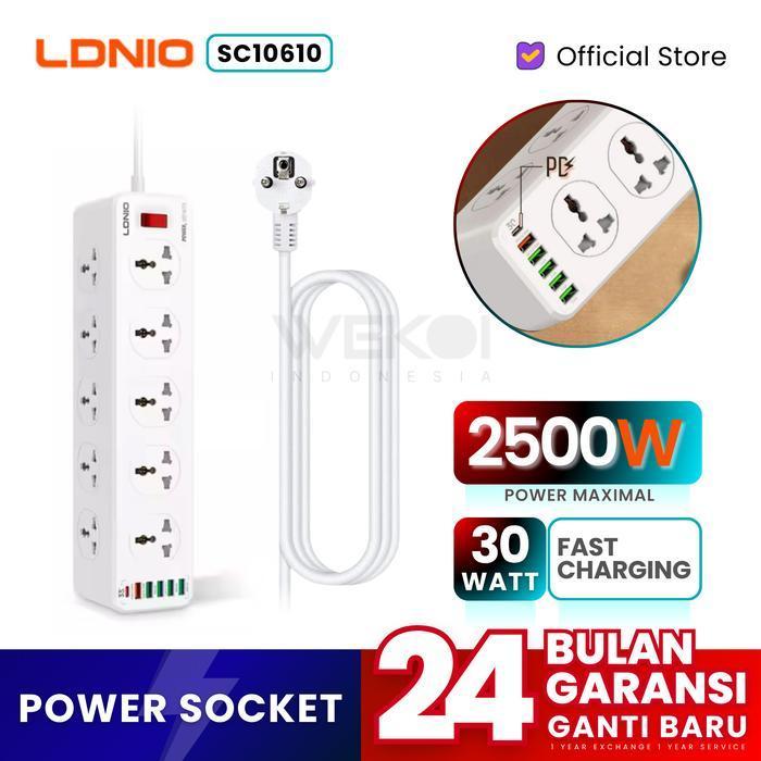 Ldnio Power Socket Sc10610C Sc10610 Universal 10 Outlets 3 Usb A 3 Usb C 33Watt Panjang Kabel 2 Mete