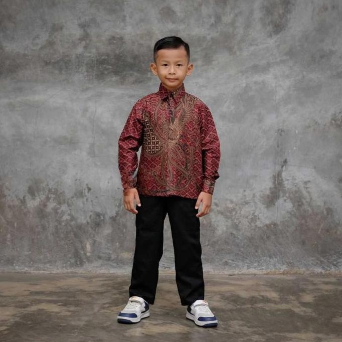 Xxxy- Kemeja Batik Pria Couple Batik Ayah Dan Anak Laki Laki Motif Ponix Merah Maroon Batik Anak Lak