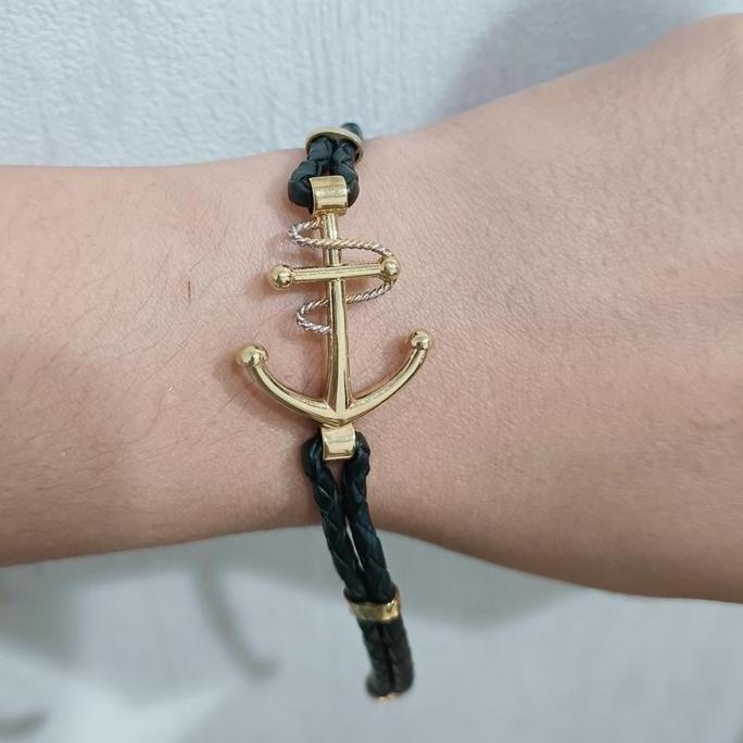 GELANG TANGAN PRIA WANITA TALI KULIT CHARM EMAS JANGKAR CANTIK KEREN