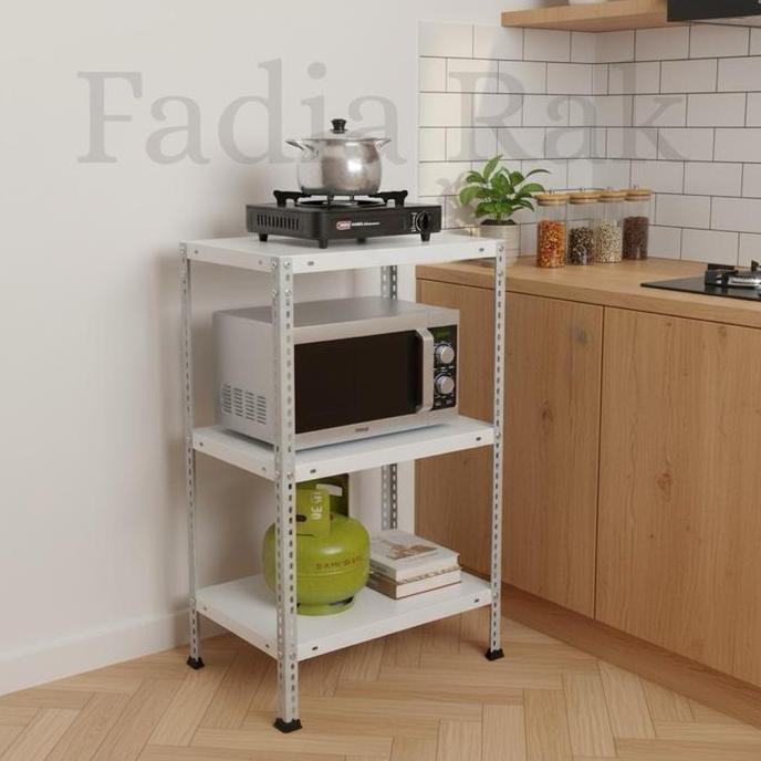 TERMURAH - Rak Meja Dapur Ambalan Putih Besi 3 Tingkat Bahan Baja Desain Siku Lubang Fleksibel Penyi