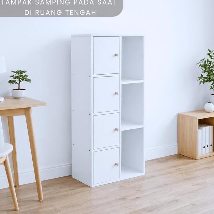 TERBARU - Loker 4 Pintu 3 Ruang Minimalis Putih - Rak Buku & Penyimpanan Multifungsi - Lemari Dindin