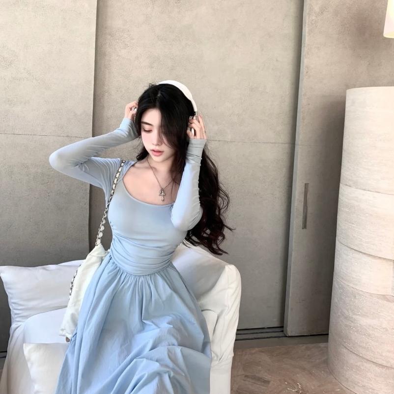 Discount Dress Korea Dress Biru Muda Dress Midi Premium Murah Terbaru Dress Lengan Panjang Dress Kas