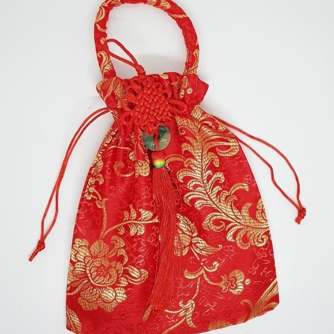 Tas Imlek 25 Cm Merah Angpao Cheongsam Sincia Bunga Tahun Baru Cina Original