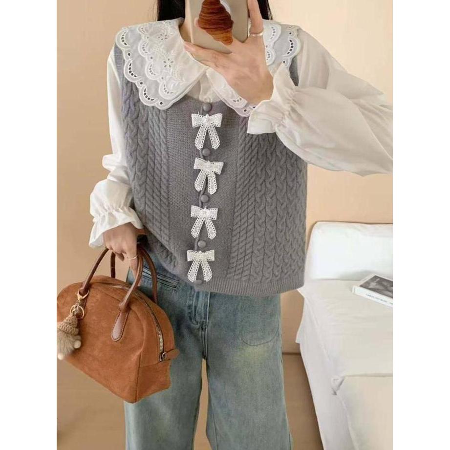 GS - Atasan Vest Rajut Kemeja Satu Set Korea Fashion Girly OOTD | Rajutwear Cute Pita Pita Kerah Ren