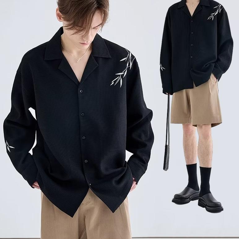TERBARU Kemeja Pria oversize V Neck Kemeja hitam lengan panjang pria Desain bordir daun bambu kantor