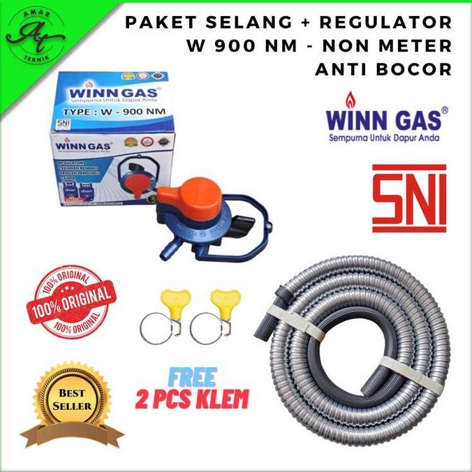TERBARU - REGULATOR  LPG WINN GAS TIPE W 900 NM ANTI BOCOR TEKANAN RENDAH + SELANG 2 / 3 LAPIS  600 