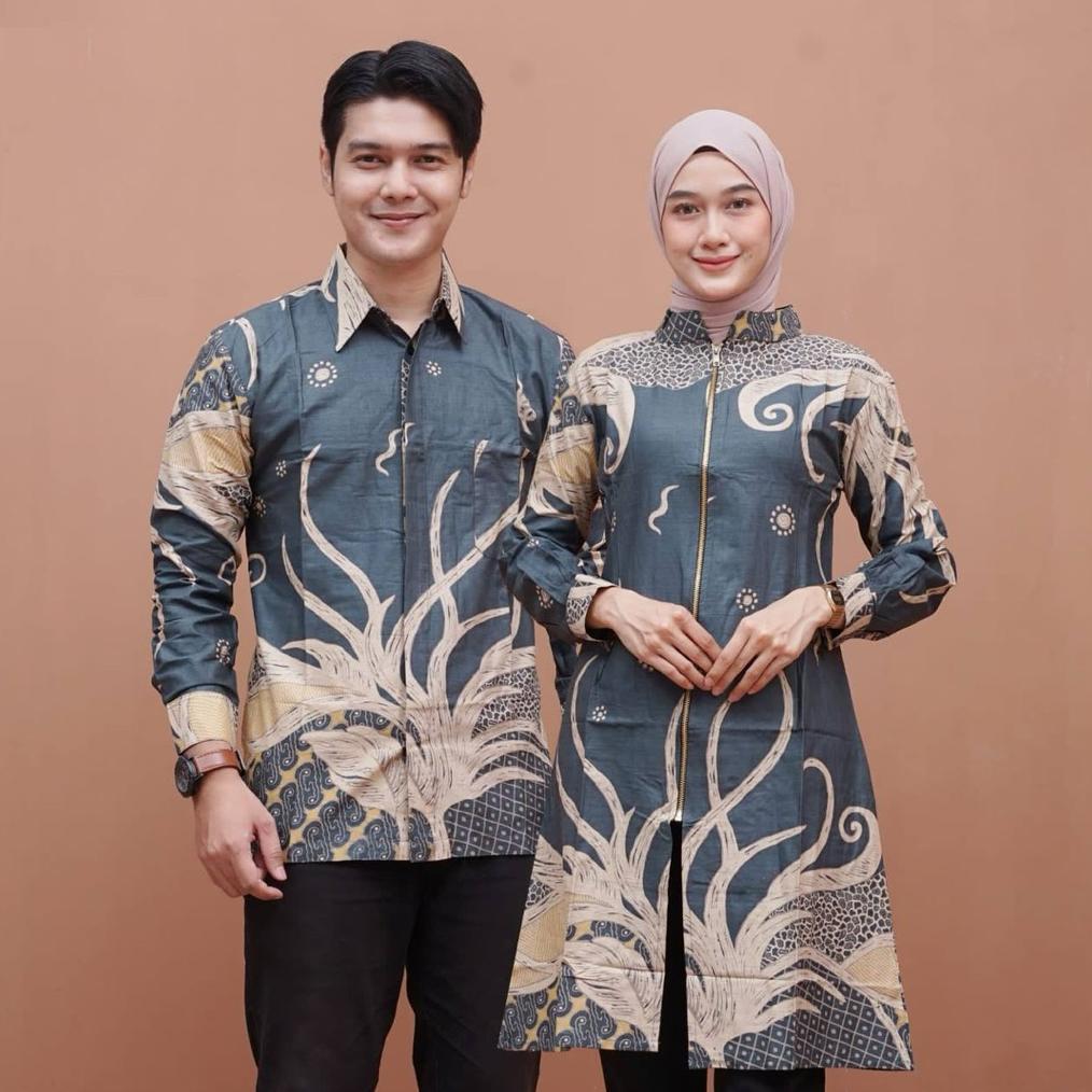 HOT DEALS Atasan Baju Batik Couple Tunik Resleting Depan Batik Pekalongan Motif Akar Merah