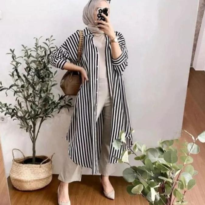 Atasan Kemeja Tunik Wanita Lengan Panjang Motif Salur Garis Bahan Rayon Premium Full Kancing