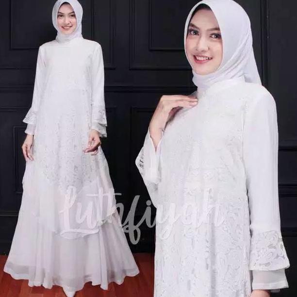 Gamis Pesta Cantik Brukat Ceruty Polos Bunga Putih lembut mewah  kondangan  lebaran Muslim Wanita Dr