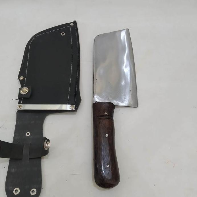 Pisau Golok Cincang Ayam Ikan Tempa Gagang Tembus Bersarung