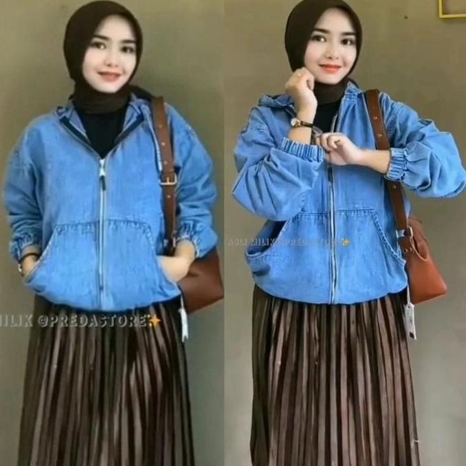 Willply Jaket Hoodie Jeans Zipper  Wanita Bahan Tebal Lembut Panjang Jumper Denim Outfit Hitam Nyama