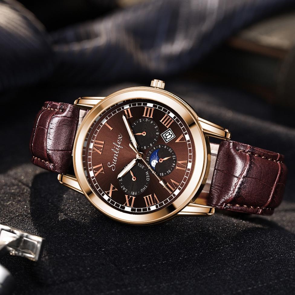 Sunlifex Jam Tangan Pria 7003 Kalender Kuarsa Santai Bisnis Tali Kulit Jam Tangan Cowok
