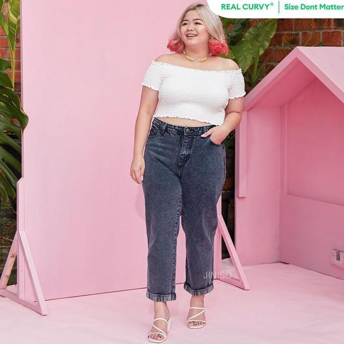 JINISO REAL CURVY - 1304 Jumbo Boyfriend Highwaist Celana Jeans Wanita Warna Black Acid (TERBAIK) (T