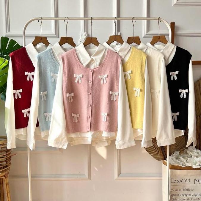 One Set Rajut Vest Pita Plus Kemeja Model Korea Atasan Baju Wanita Cardigan Dewasa