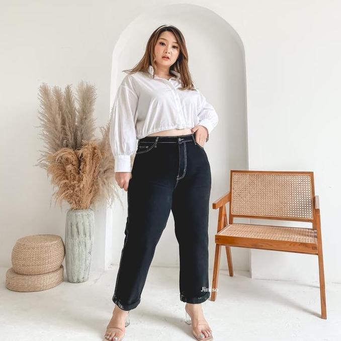 JINISO REAL CURVY - 1327 Jumbo Boyfriend Highwaist Celana Jeans Wanita Black White (TERBAIK) (TERBAR