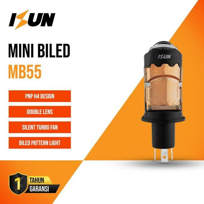 ISUN Lampu H4 Mini BILED MB55 Flat Cut Off dengan Double-Lens Laser dan Kipas Pendingin DC9-60V/50W