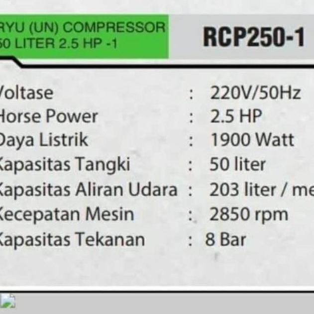 Promo Kompresor Ryu 2.5 Hp 50 Liter Rcp 250-1 Ryu / Air Compressor 2.5Hp Ryu