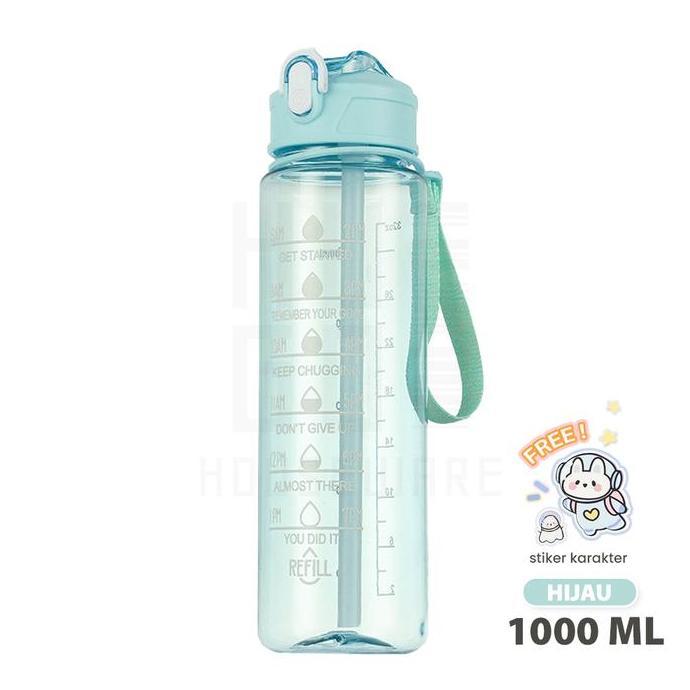Botol Minum 1 Liter Bening 1000ml Anak Sekolah Sedotan Anti Bocor Stiker Karakter Viral Segar Dan Me