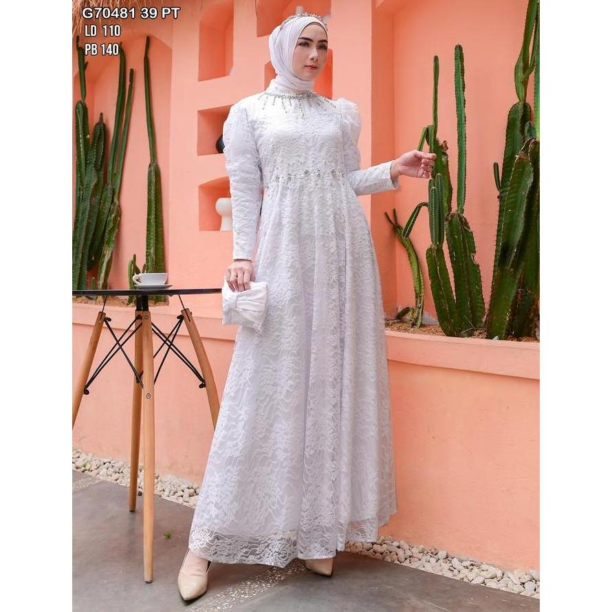 Gamis Brokat Kombinasi Tile Payet Putih 70481 39 8 Baju Muslim Vima Mewah