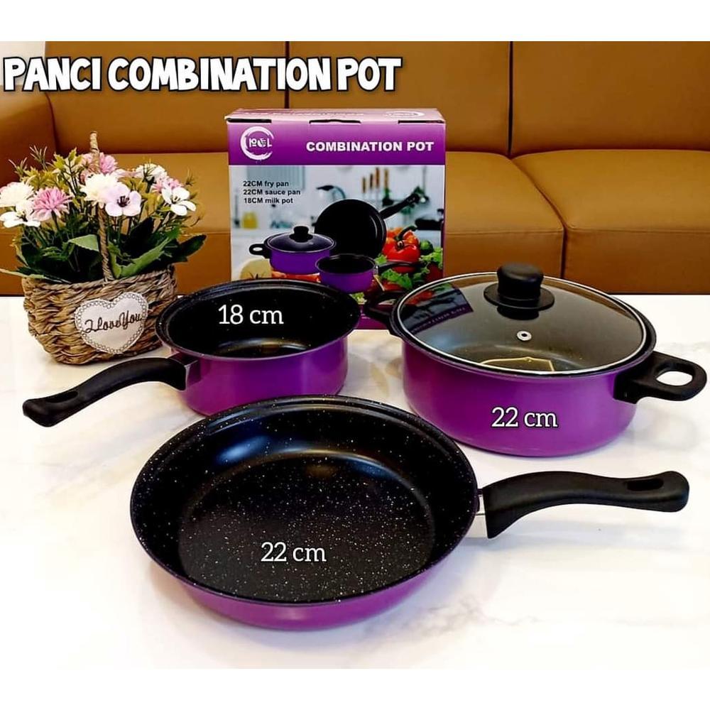 Panci set 3in1 anti lengket  panci isi 3 tutup kaca panci set pot cookware set anti lengket