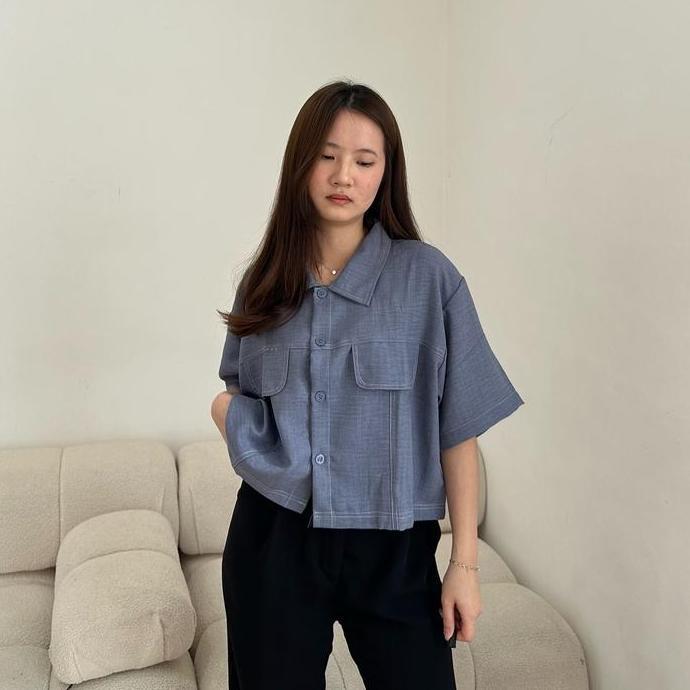 Dami Shirt / Kemeja Crop Oversize List Unisex Baju Linen Panjang Wanita GS