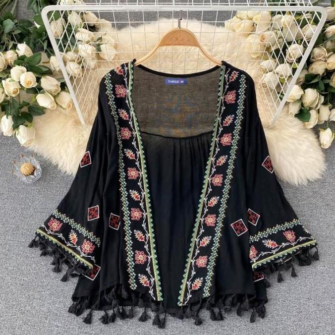 Outer Kimono Boho Tassel Baju Luaran Wanita Lengan Panjang Bohemian Cardigan Kardigan TA